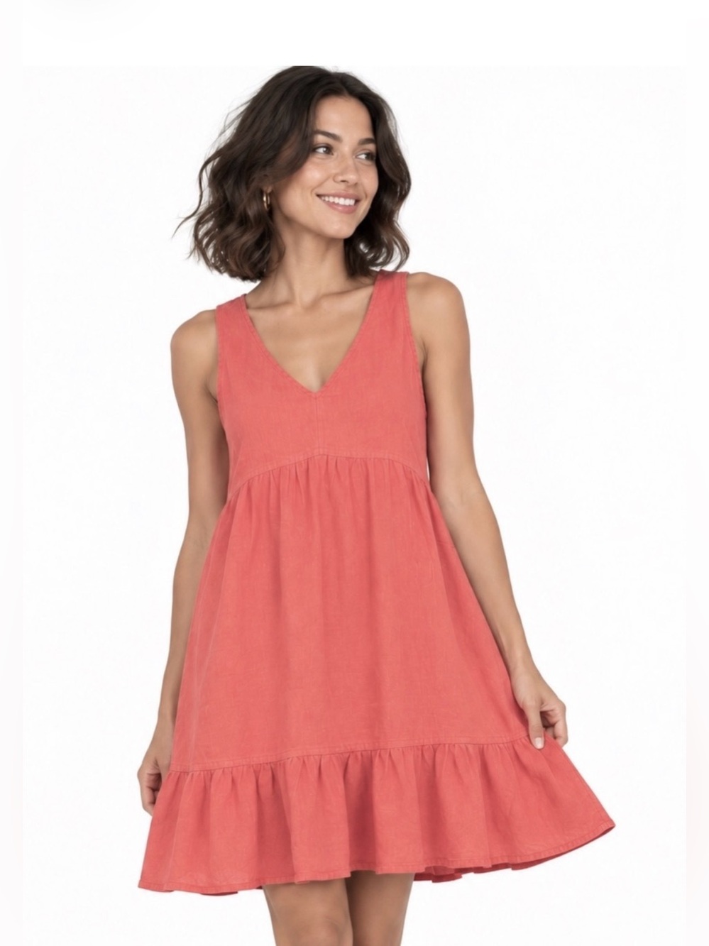 Cynthia Rowley Coral Linen V-Neck Mini Dress